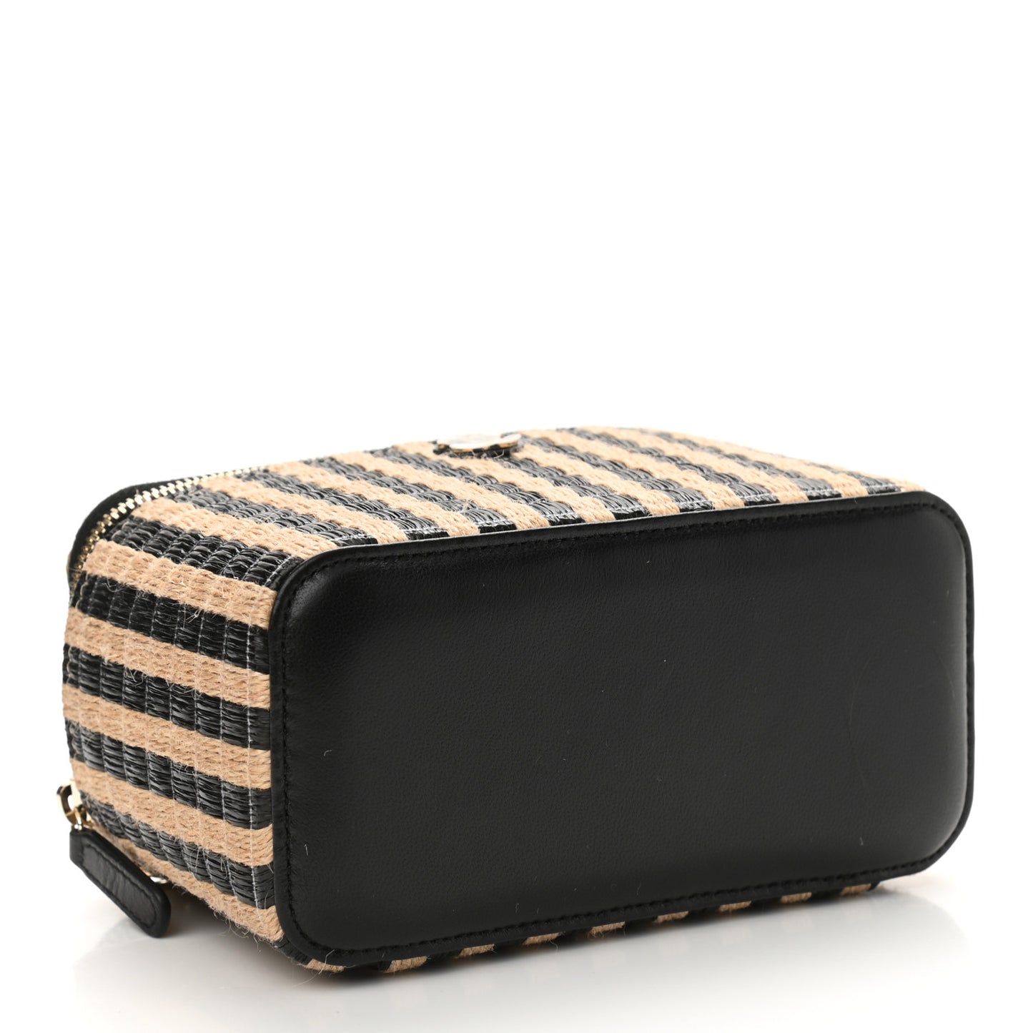 Raffia Jute Striped Small Vanity Case With Chain Black Beige