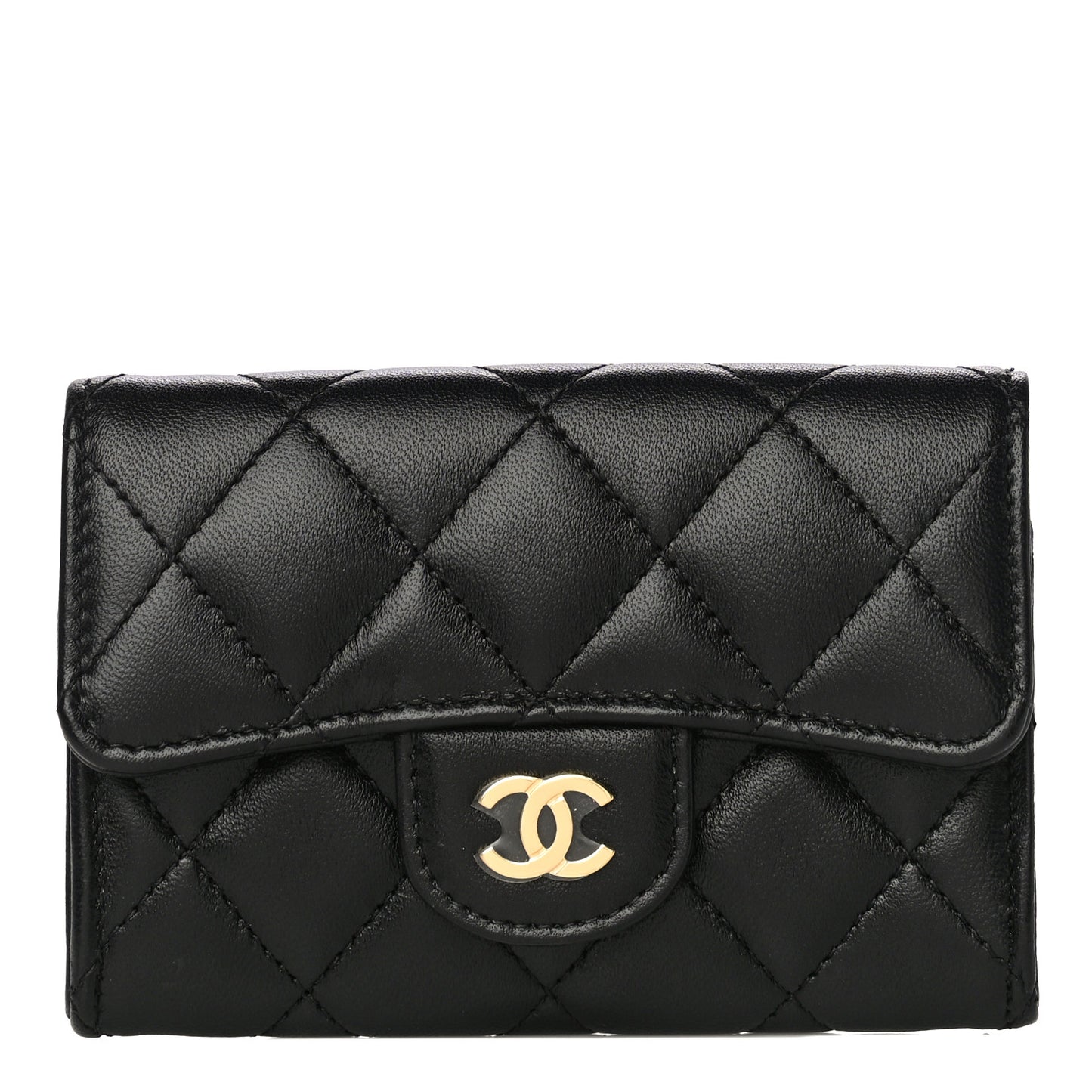 Lambskin Quilted Flap Card Holder Wallet Black
