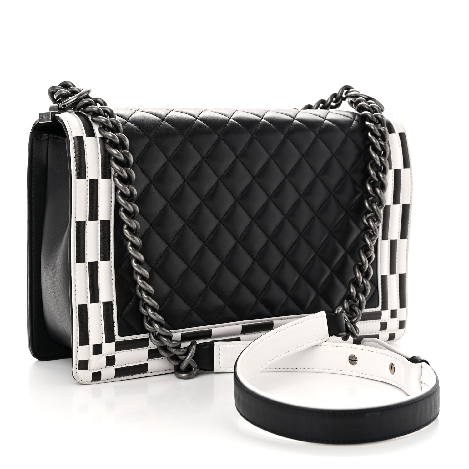 Chanel Calfskin Quilted Checkerboard Trim New Medium Boy Flap Black White 3 of 11