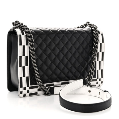 Chanel Calfskin Quilted Checkerboard Trim New Medium Boy Flap Black White 3 of 11