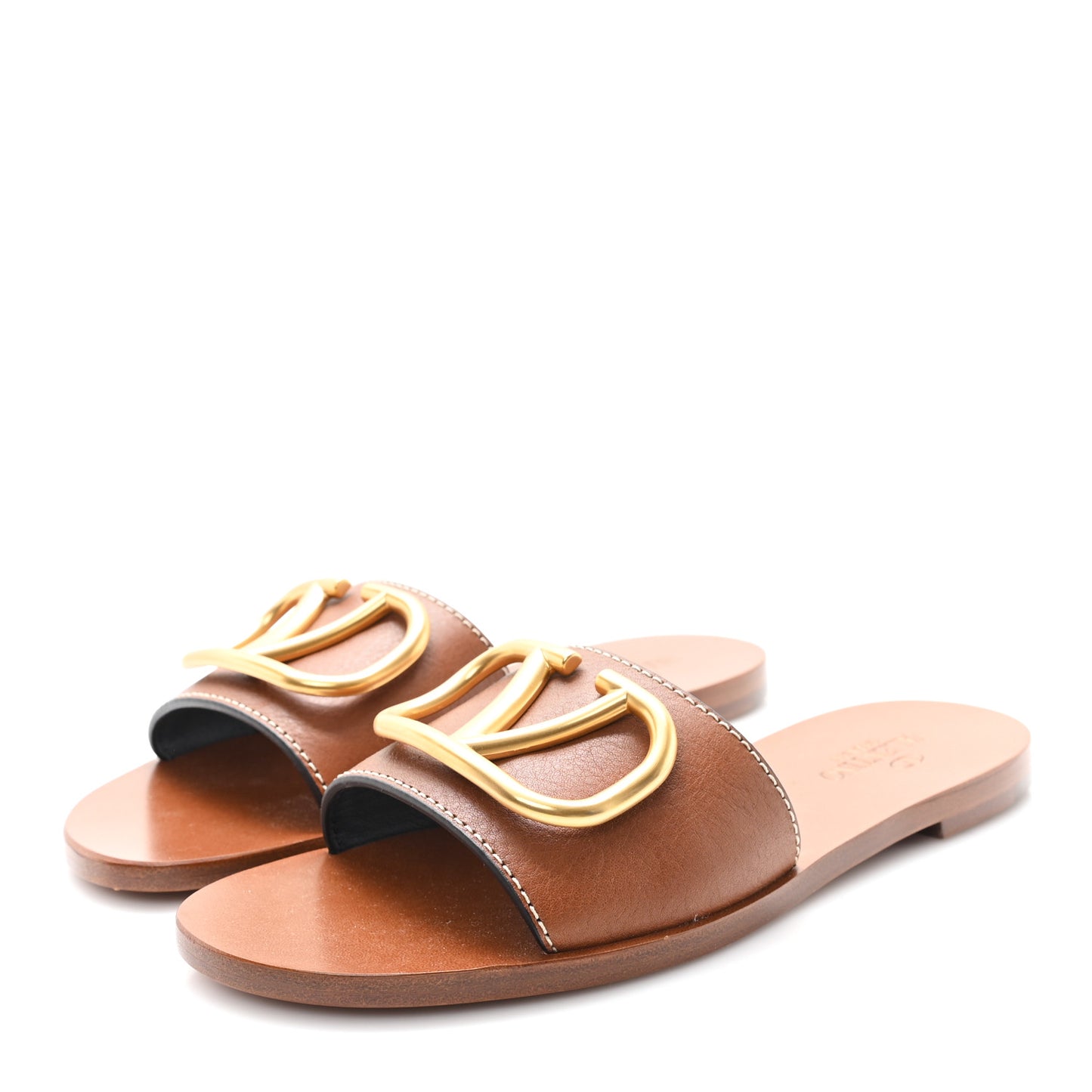 Grainy Cowhide Vlogo Flat Slide Sandals 36 Cuoio