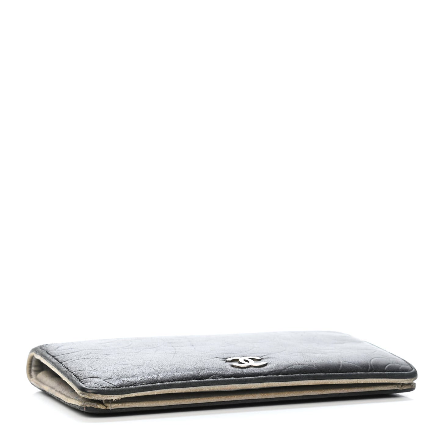 Lambskin Camellia Embossed Yen Wallet Black