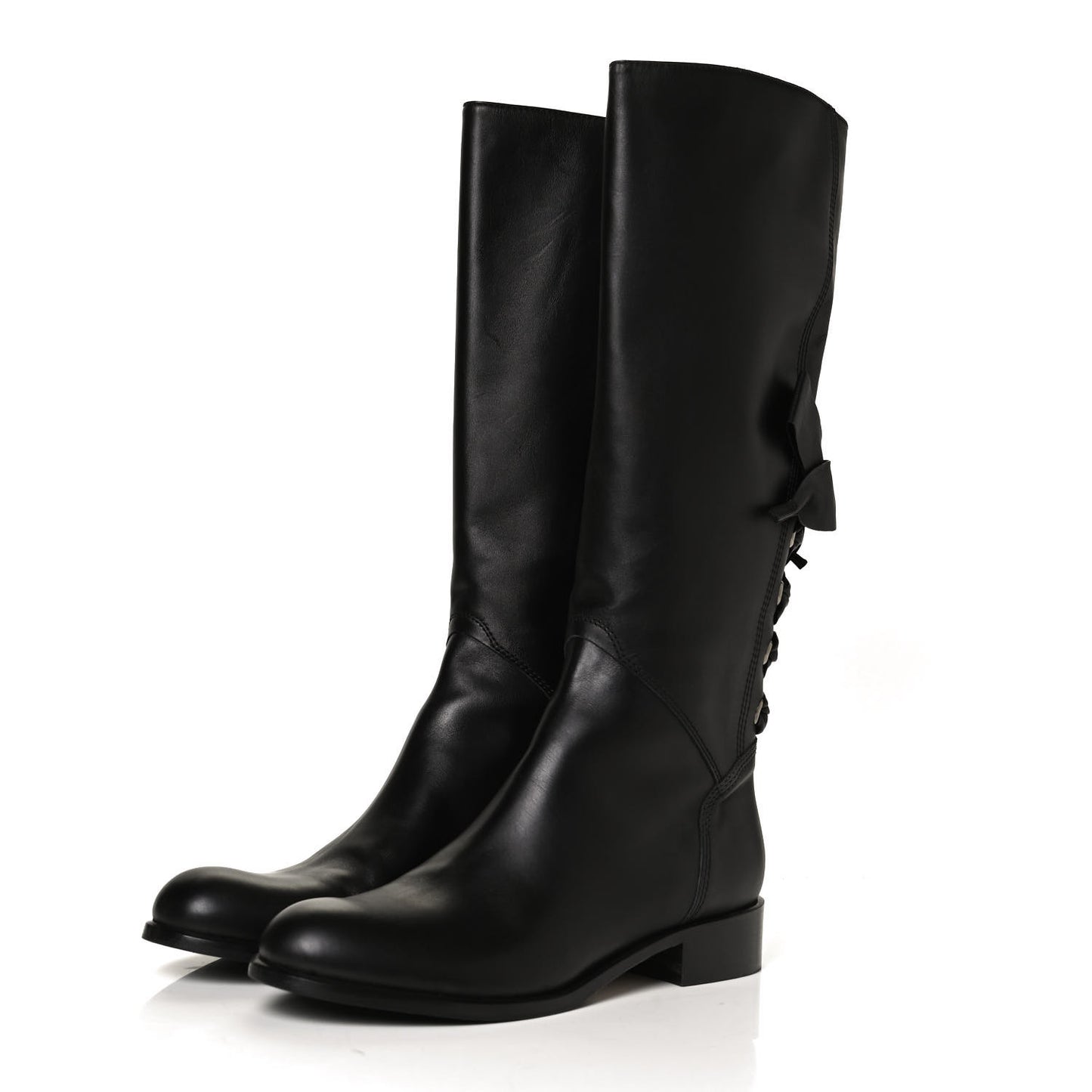 Calfskin Bow Lace Up Back Knee High Tall Boots 39.5 Black