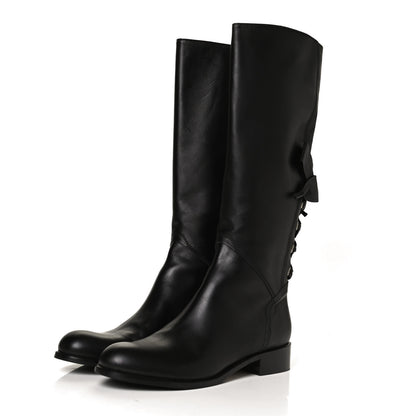 Valentino Garavani Calfskin Bow Lace Up Back Knee High Tall Boots 39.5 Black 3 of 12