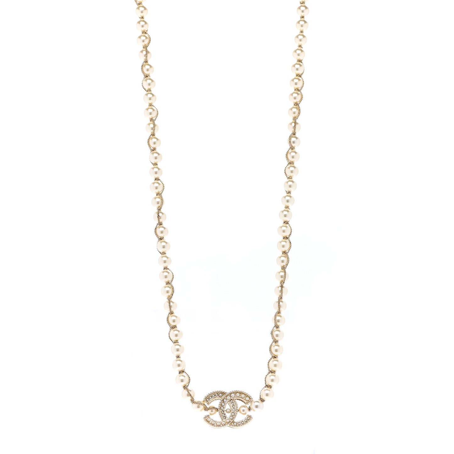 Metal Pearl Chain CC Long Necklace Gold