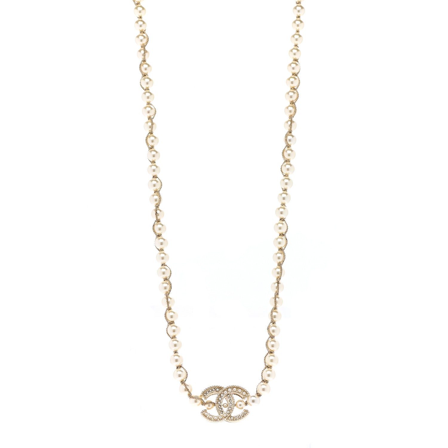 Chanel Metal Pearl Chain CC Long Necklace Gold 1 of 7