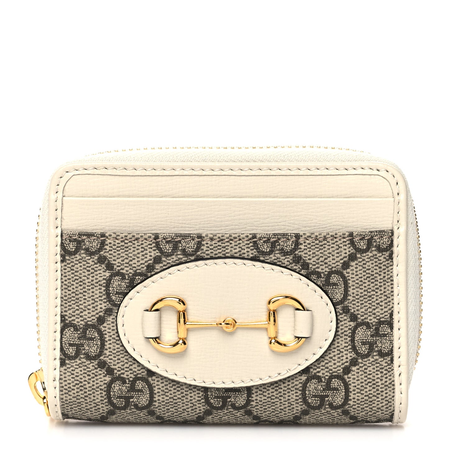 GG Supreme Monogram Azalea Calfskin Horsebit 1955 Zip Around ID Card Case Wallet Beige Ebony Mystic White