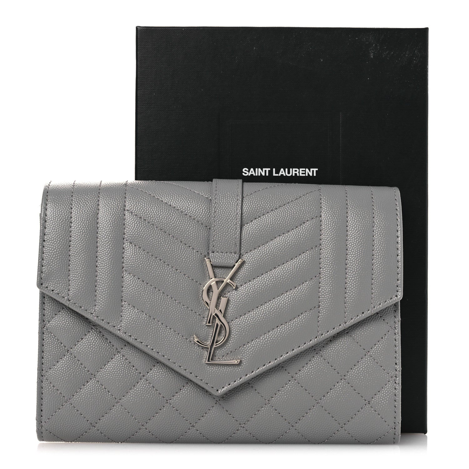 Saint Laurent Grain De Poudre Textured Mixed Matelasse Triquilt Monogram Clutch Storm 11 of 11