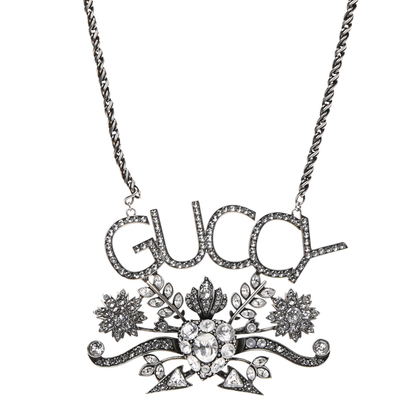 Metal Crystal Guccy Necklace Aged Silver