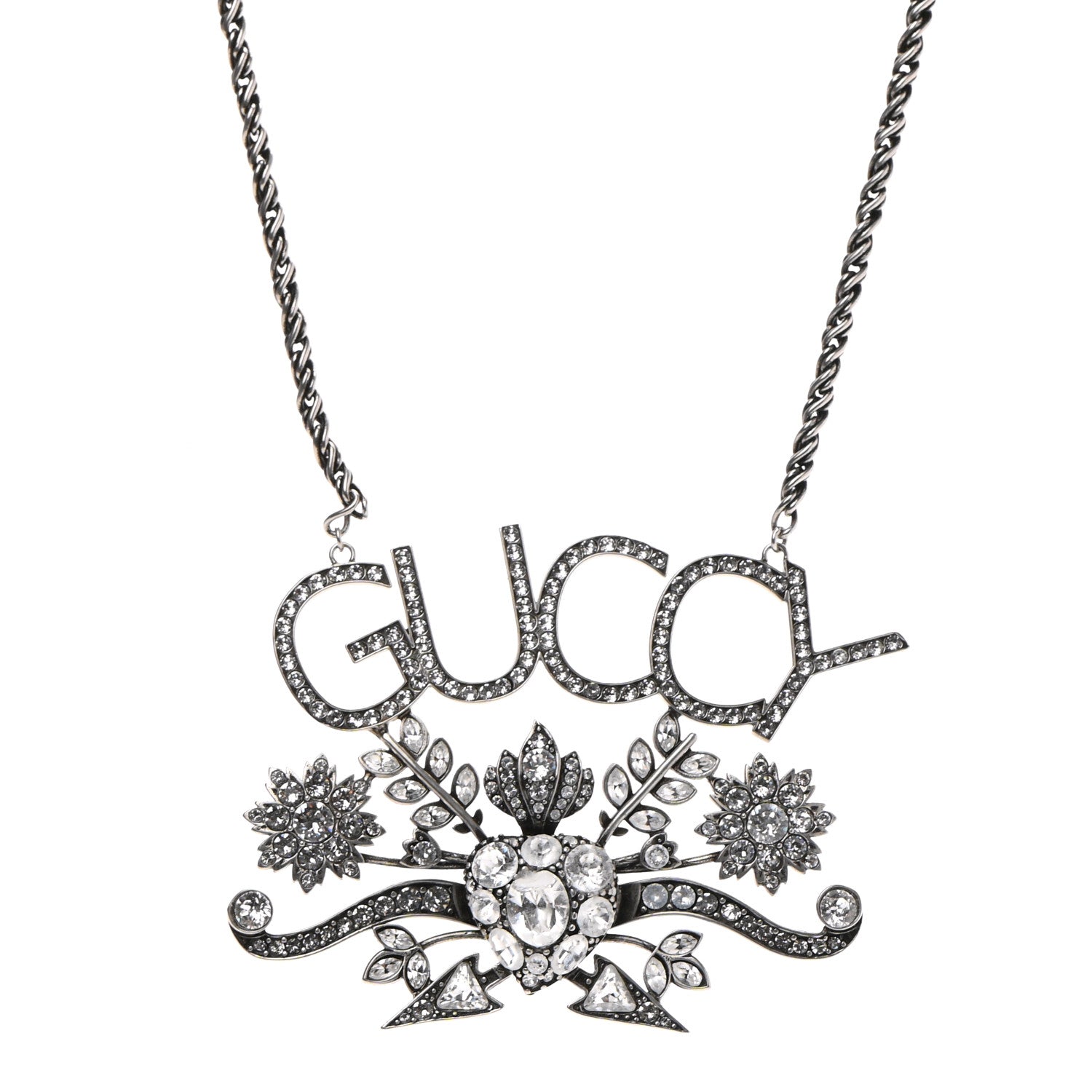 Gucci Metal Crystal Guccy Necklace Aged Silver 1 of 7