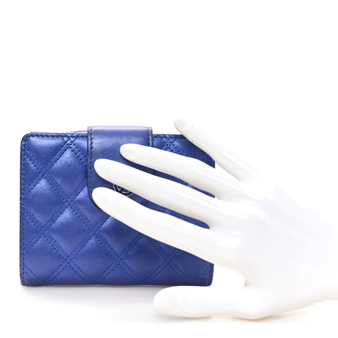 Iridescent Lambskin Quilted Double Stitch Compact Zipped Pocket Wallet Purple