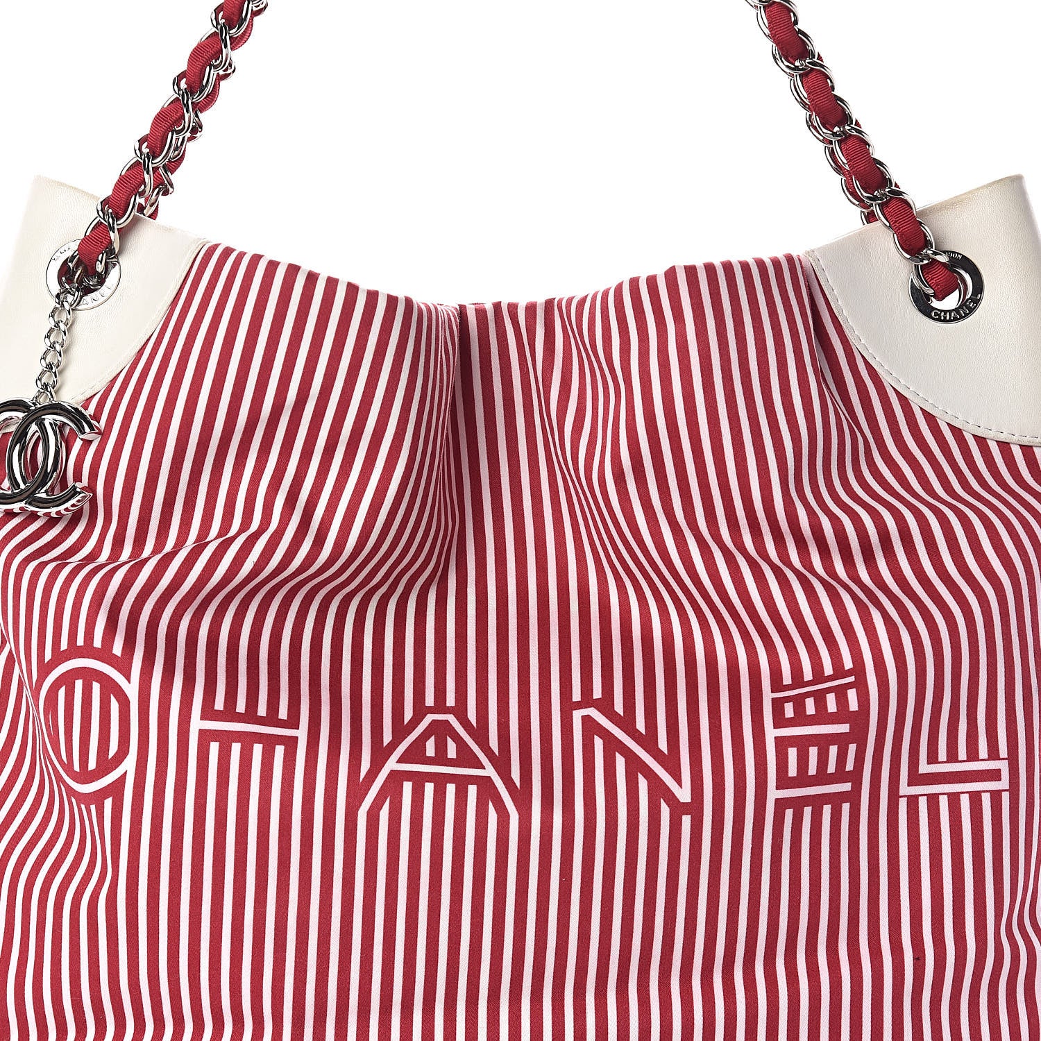 Chanel Striped Canvas Logo Tote Red 9 of 11