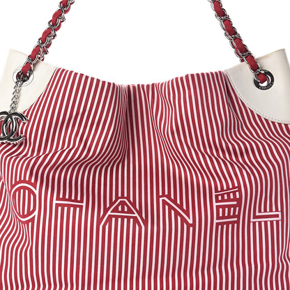 Chanel Striped Canvas Logo Tote Red 9 of 11