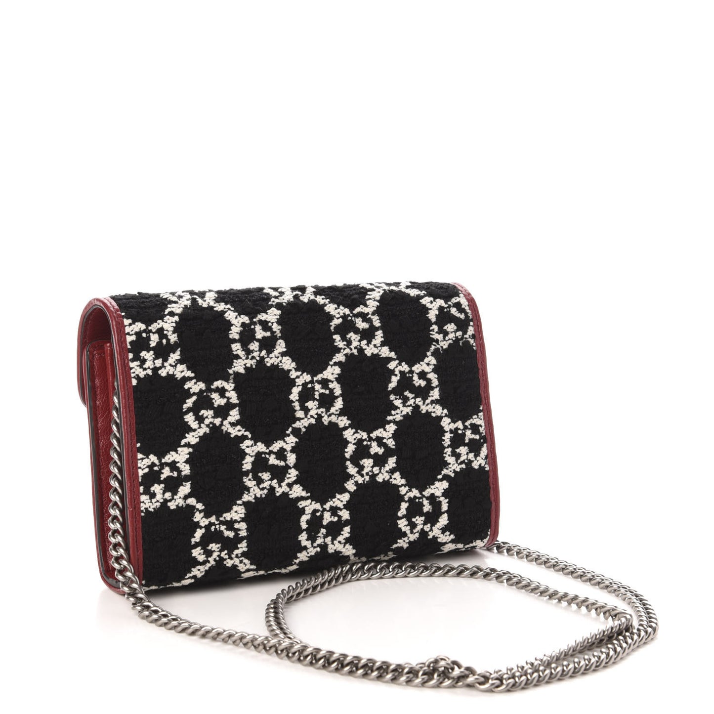 Tweed GG Monogram Mini Dionysus Chain Wallet Black White Romantic Cherry