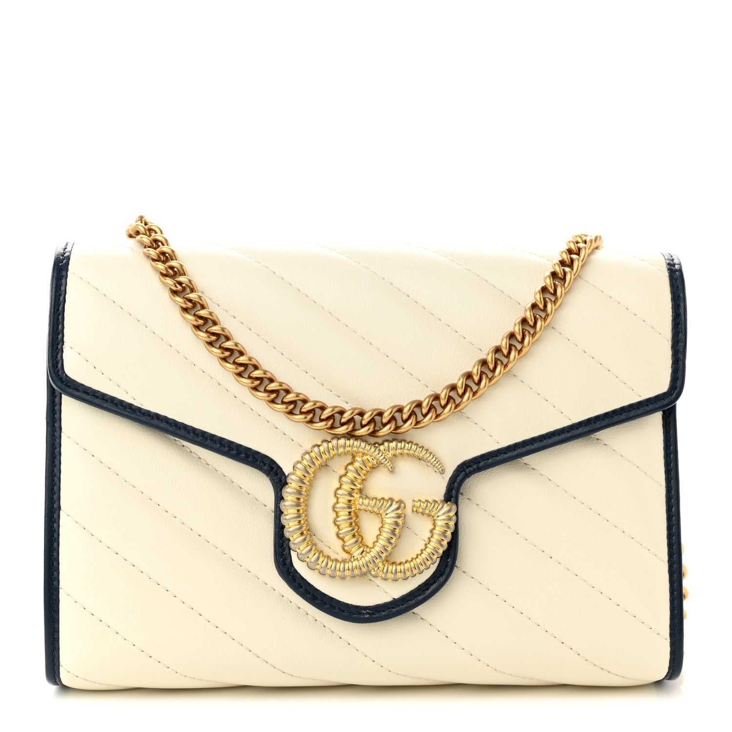 Gucci Vintage Effect Calfskin Matelasse Diagonal Torchon GG Marmont Chain Wallet Mystic White Blue Agata 1 of 10