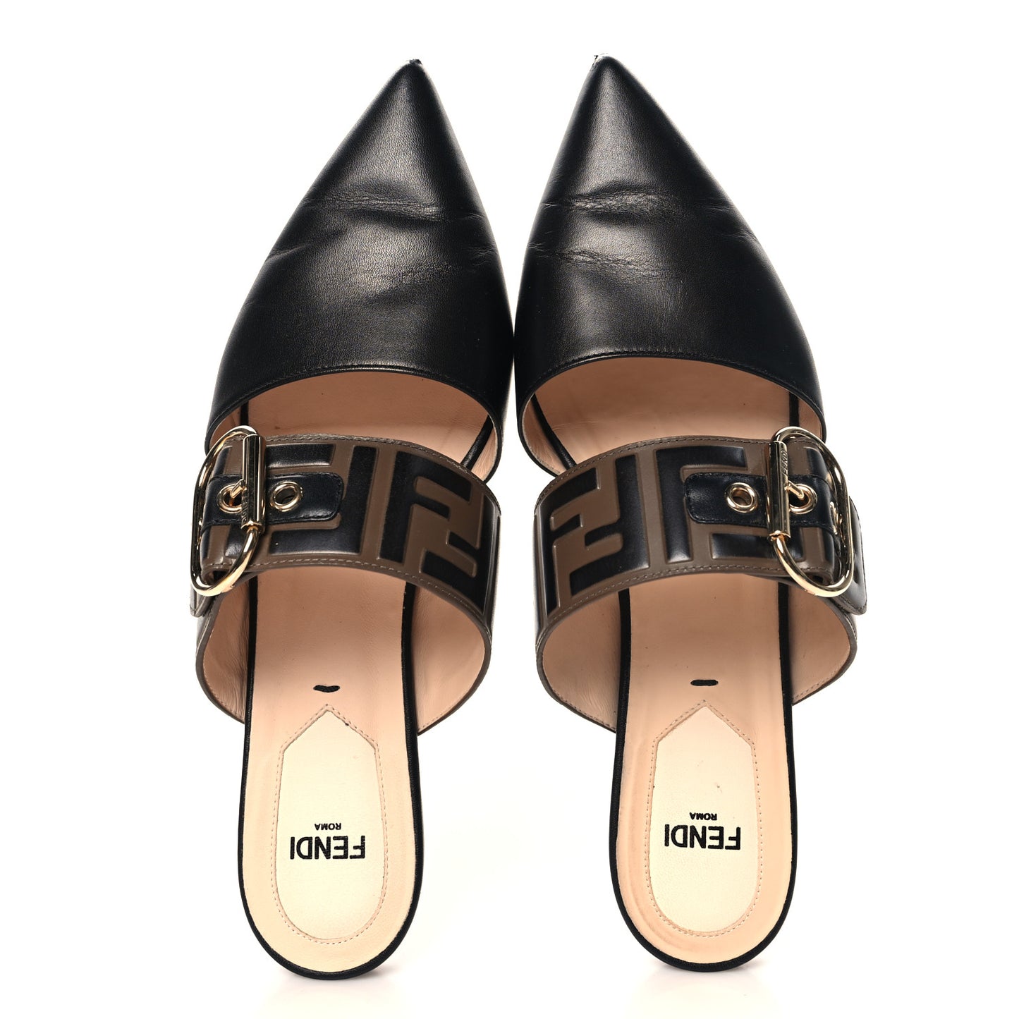Vitello FF Embossed Buckle Flat Mules 36.5 Maya Black