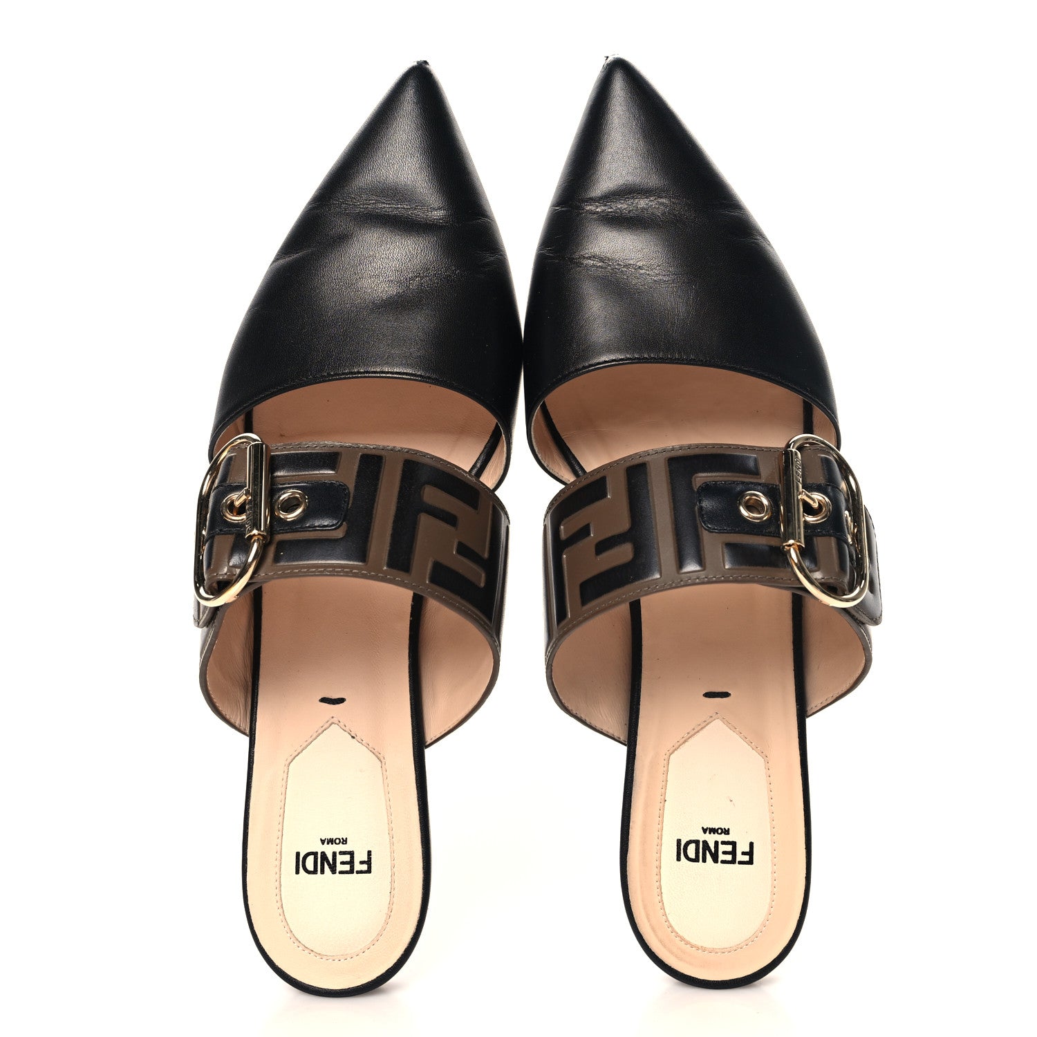 Fendi Vitello FF Embossed Buckle Flat Mules 36.5 Maya Black 2 of 9