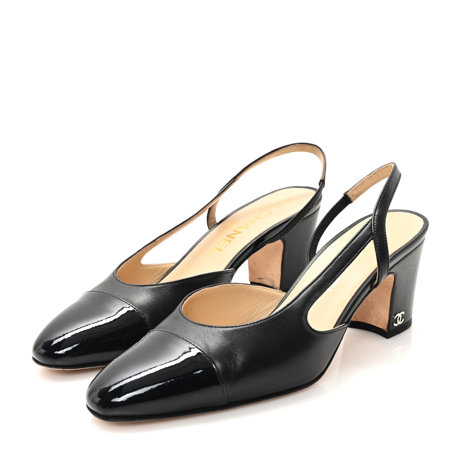 Chanel Lambskin Patent Cap Toe CC Slingback Pumps 36 Black 1727919