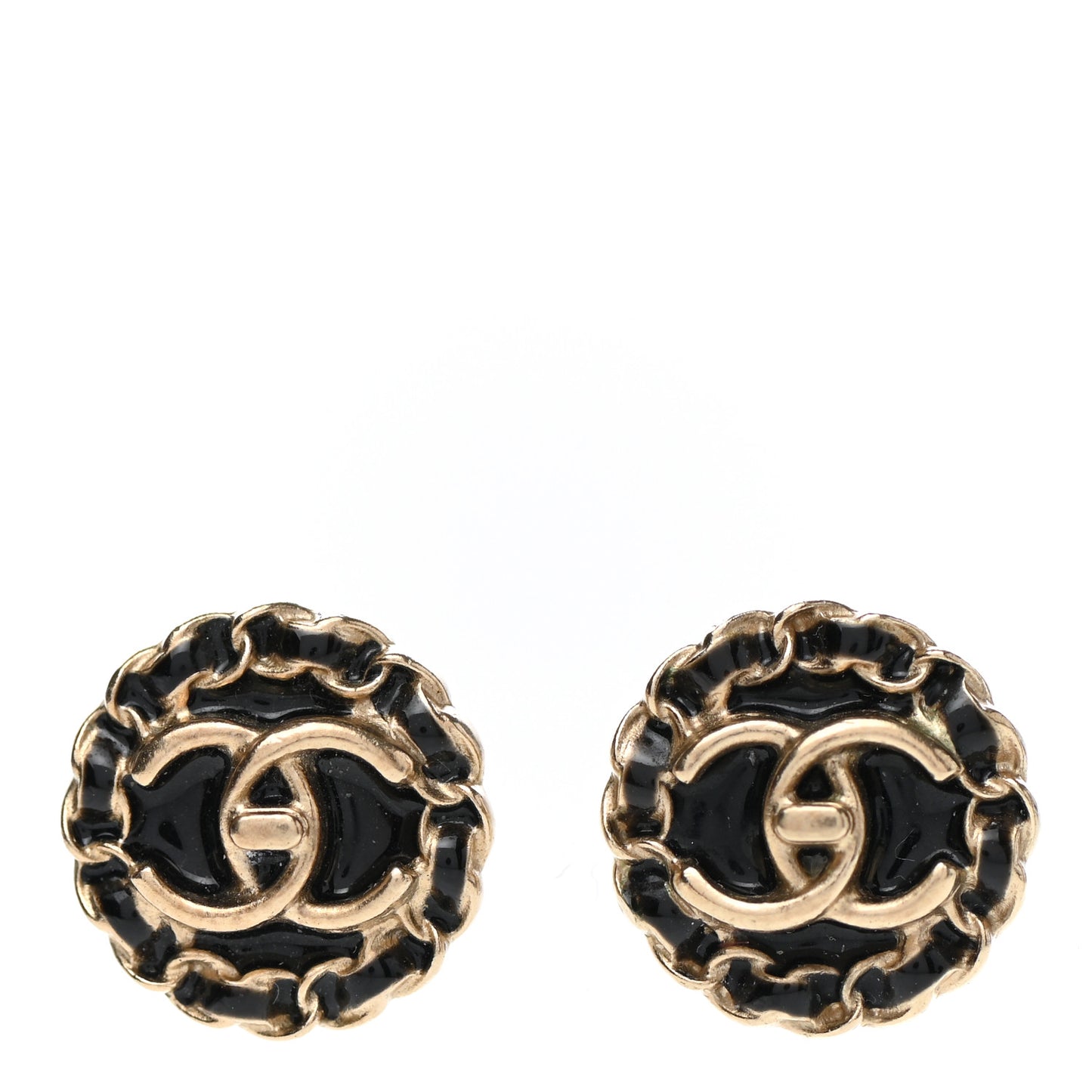 Metal Enamel CC Chain Turnlock Earrings Gold Black