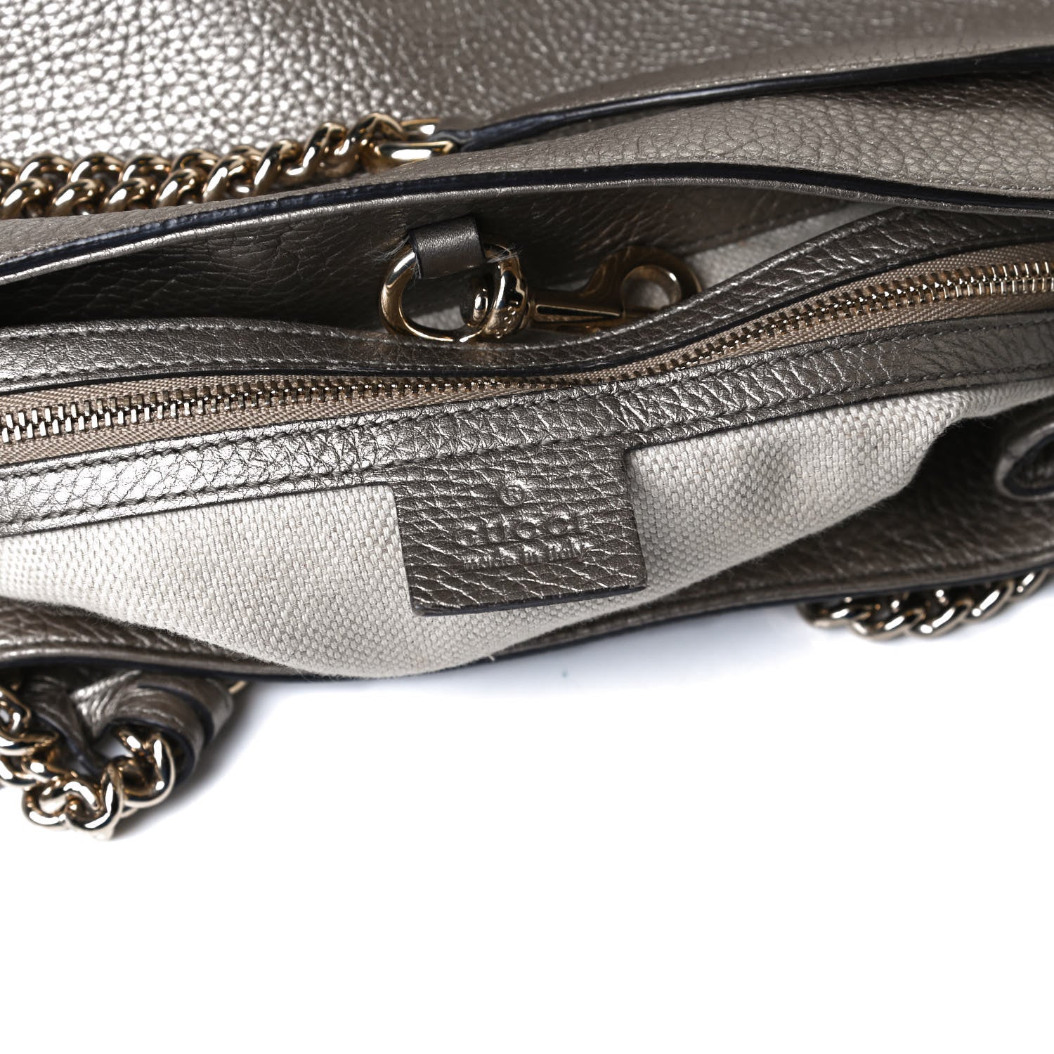 Gucci Metallic Pebbled Calfskin Medium Soho Chain Shoulder Bag Golden Beige 5 of 16