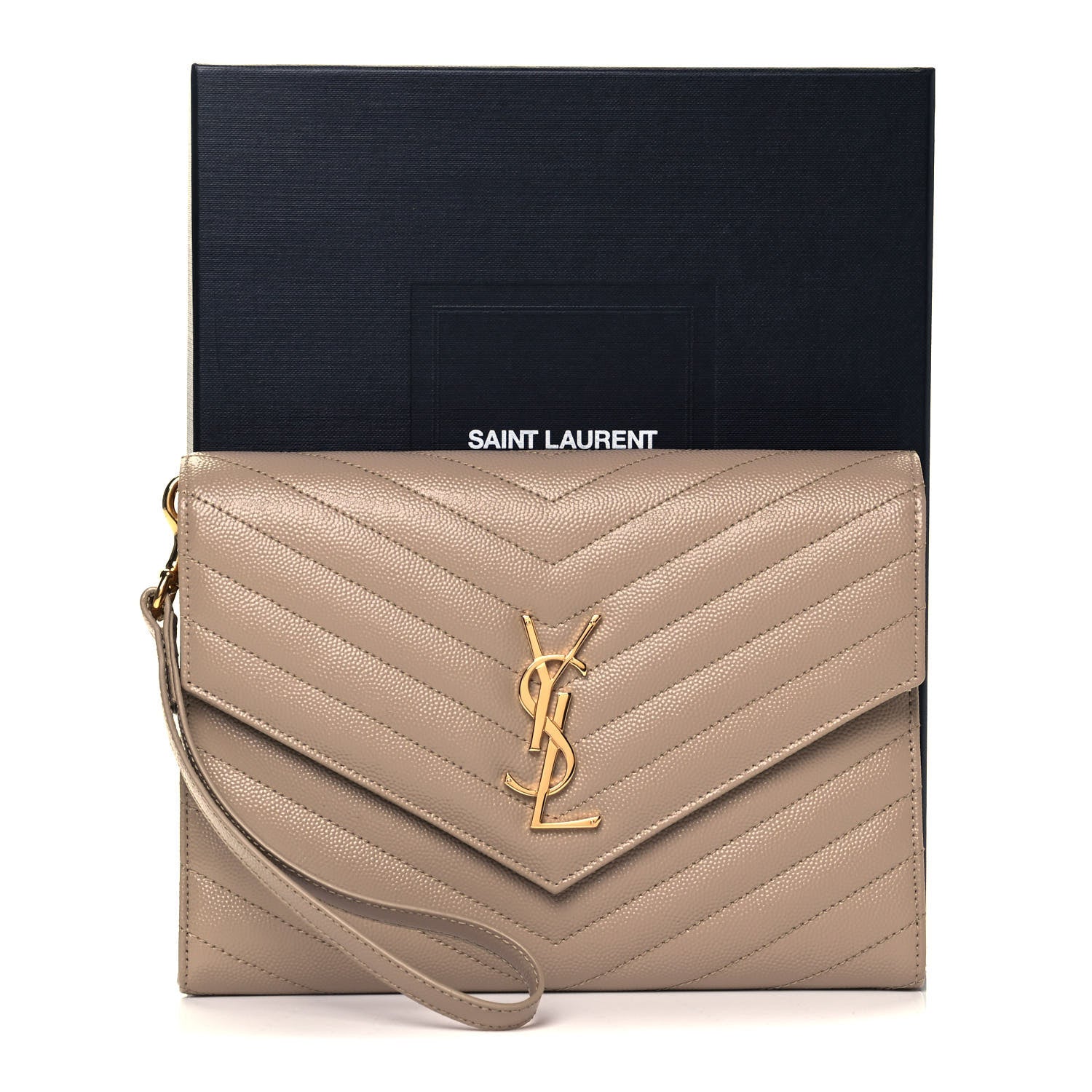 Saint Laurent Grain De Poudre Matelasse Chevron Monogram Envelope Clutch Dark Beige 8 of 8