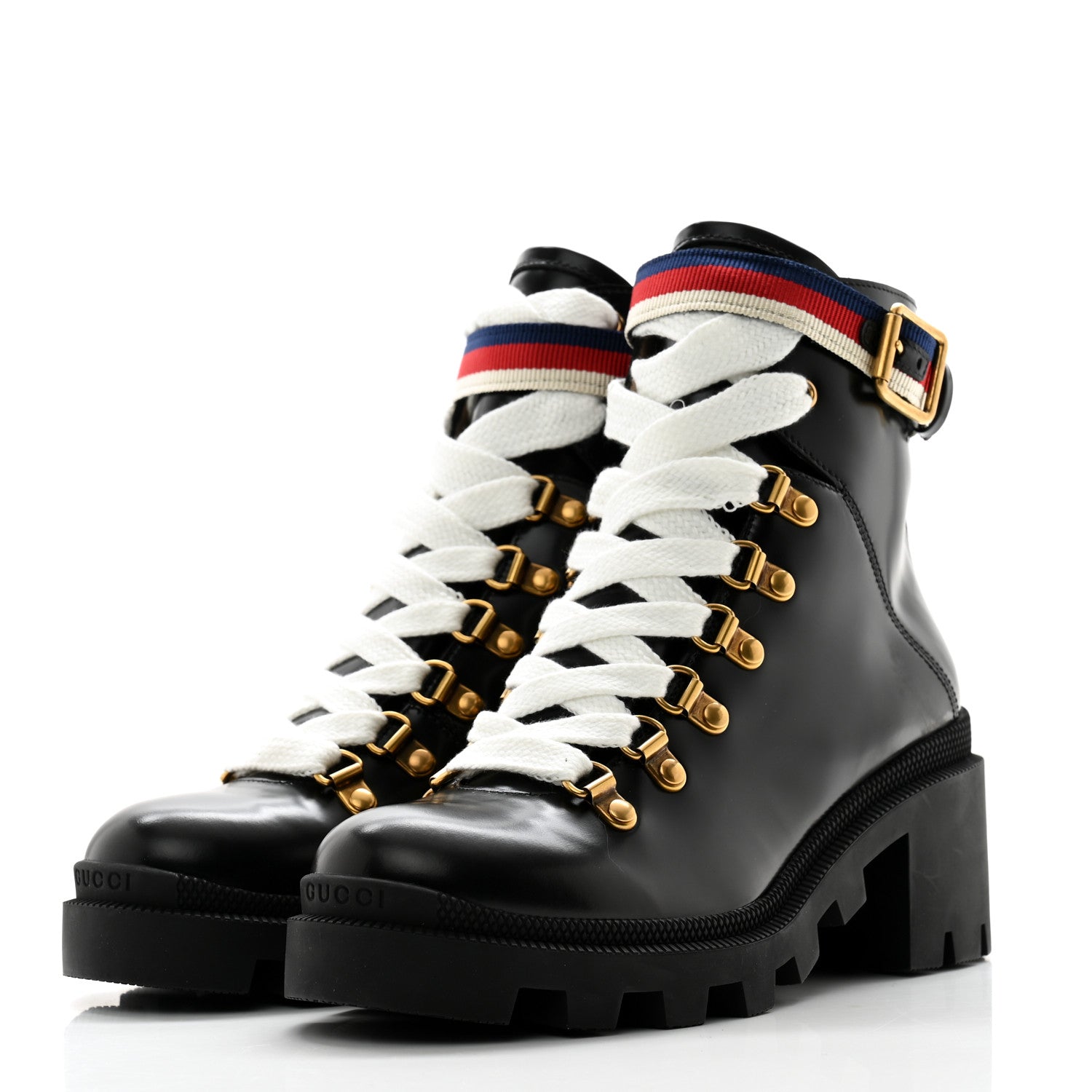 Gucci Calfskin Sylvie Web Womens Lace Up Combat Boots 35.5 Black 3 of 10