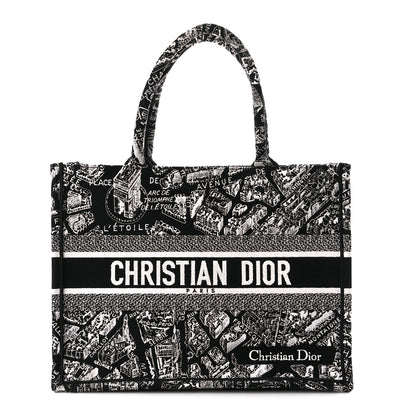Christian Dior Canvas Embroidered Medium Plan De Paris Book Tote Black White 1 of 11