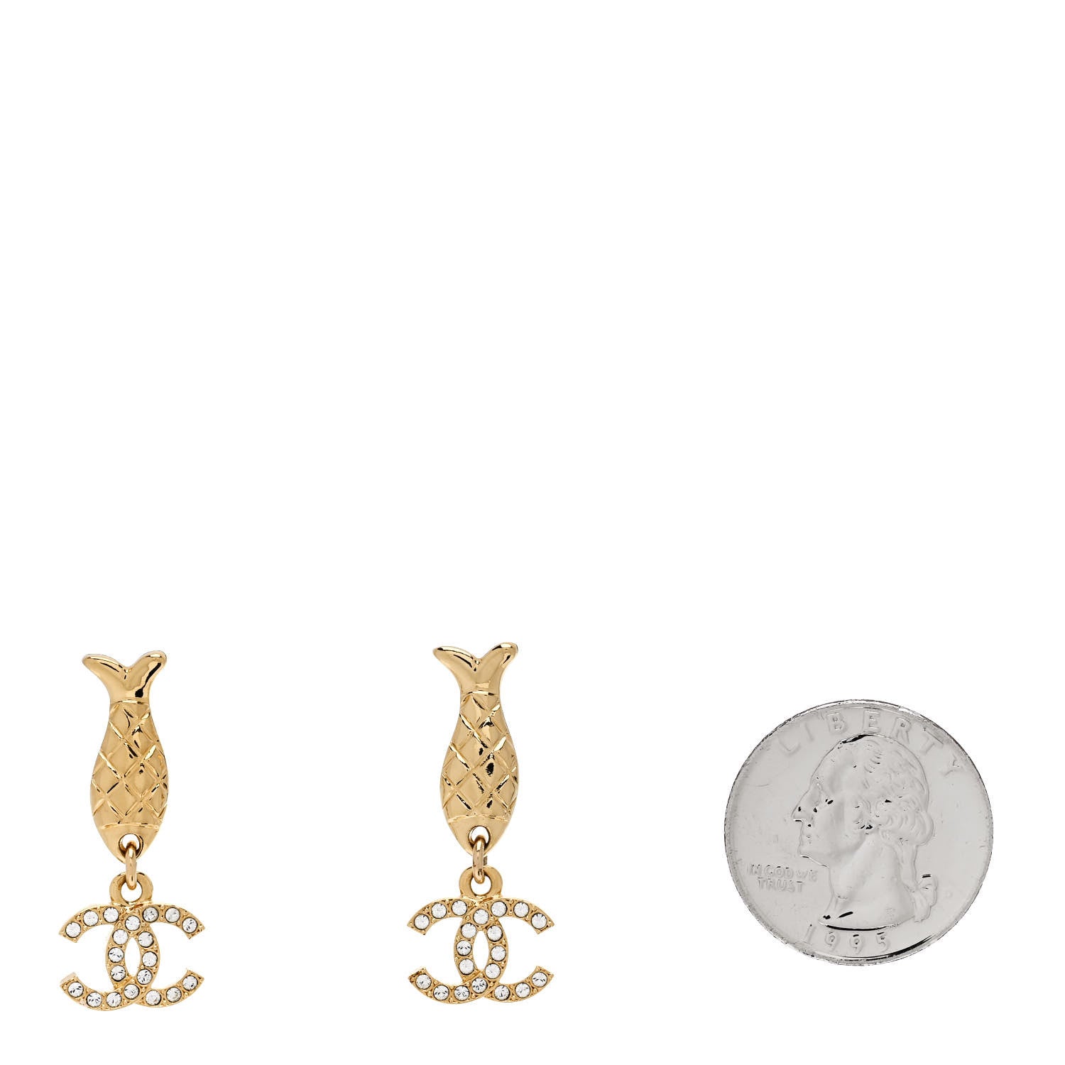 Chanel Metal Crystal CC Fish Drop Earrings Gold 2 of 5