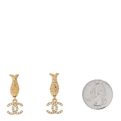 Chanel Metal Crystal CC Fish Drop Earrings Gold 2 of 5