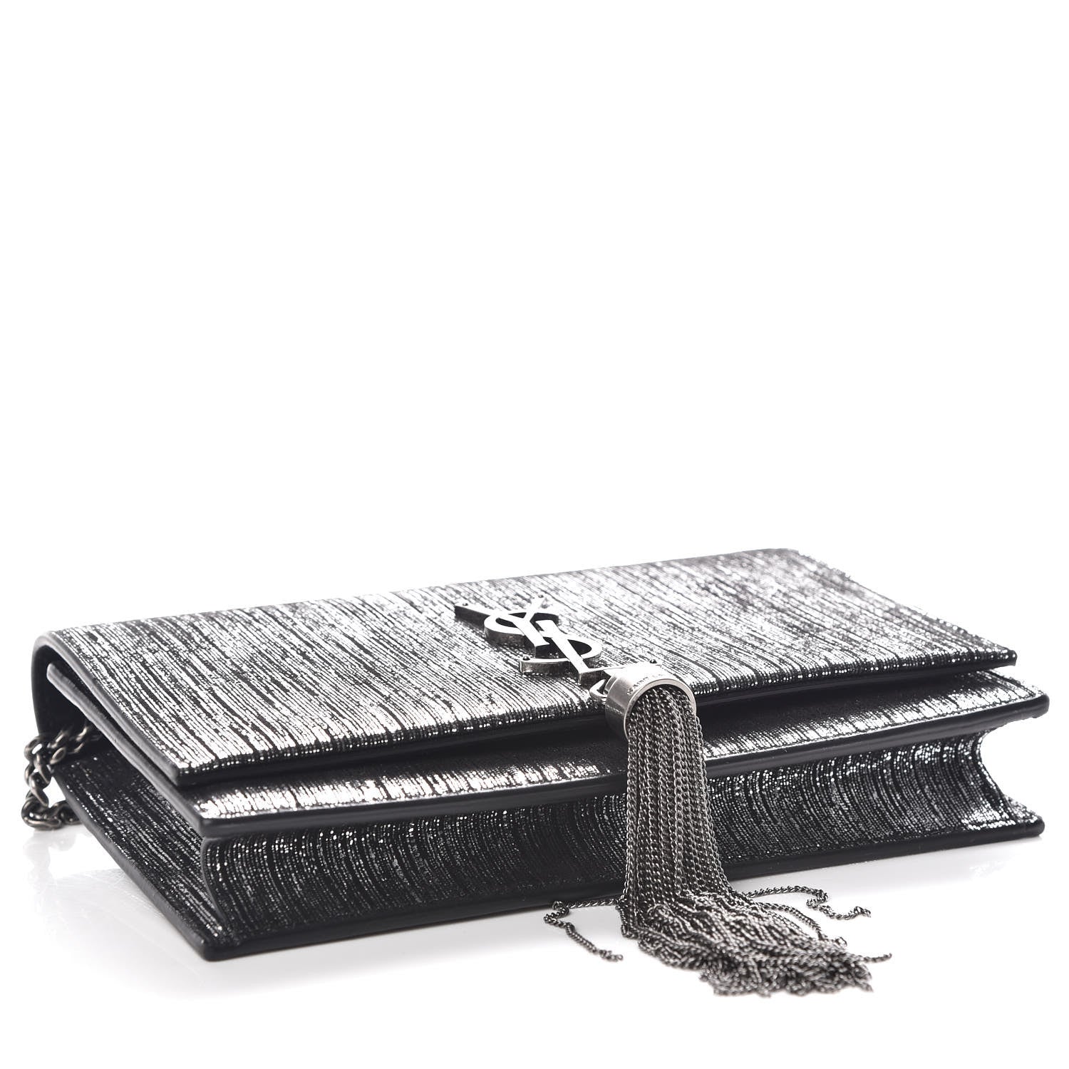 Saint Laurent Metallic Suede Classic Monogram Kate Tassel Chain Wallet Black Silver 4 of 9