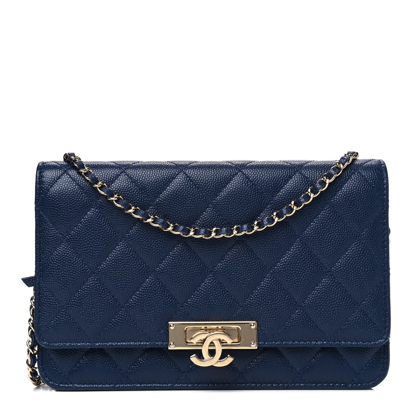 Iridescent Caviar Quilted Golden Class Wallet On Chain WOC Navy