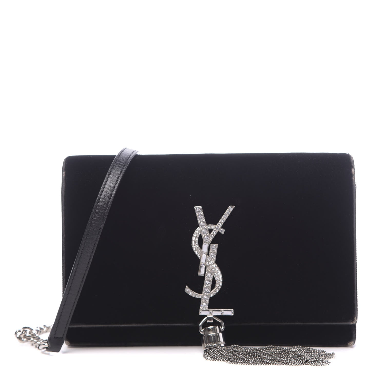 Saint Laurent Velvet Crystal Monogram Tassel Chain Wallet Black 1 of 16