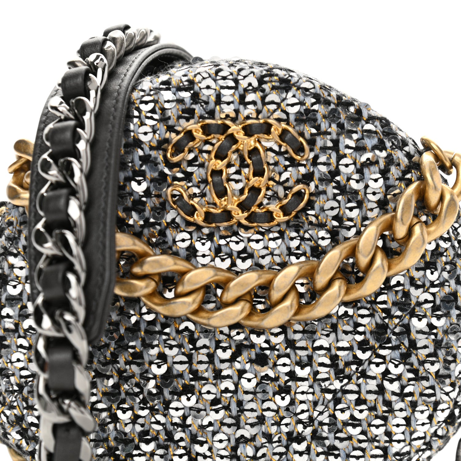 Chanel Sequin Chanel 19 Round Clutch With Chain Silver Black 10 of 10