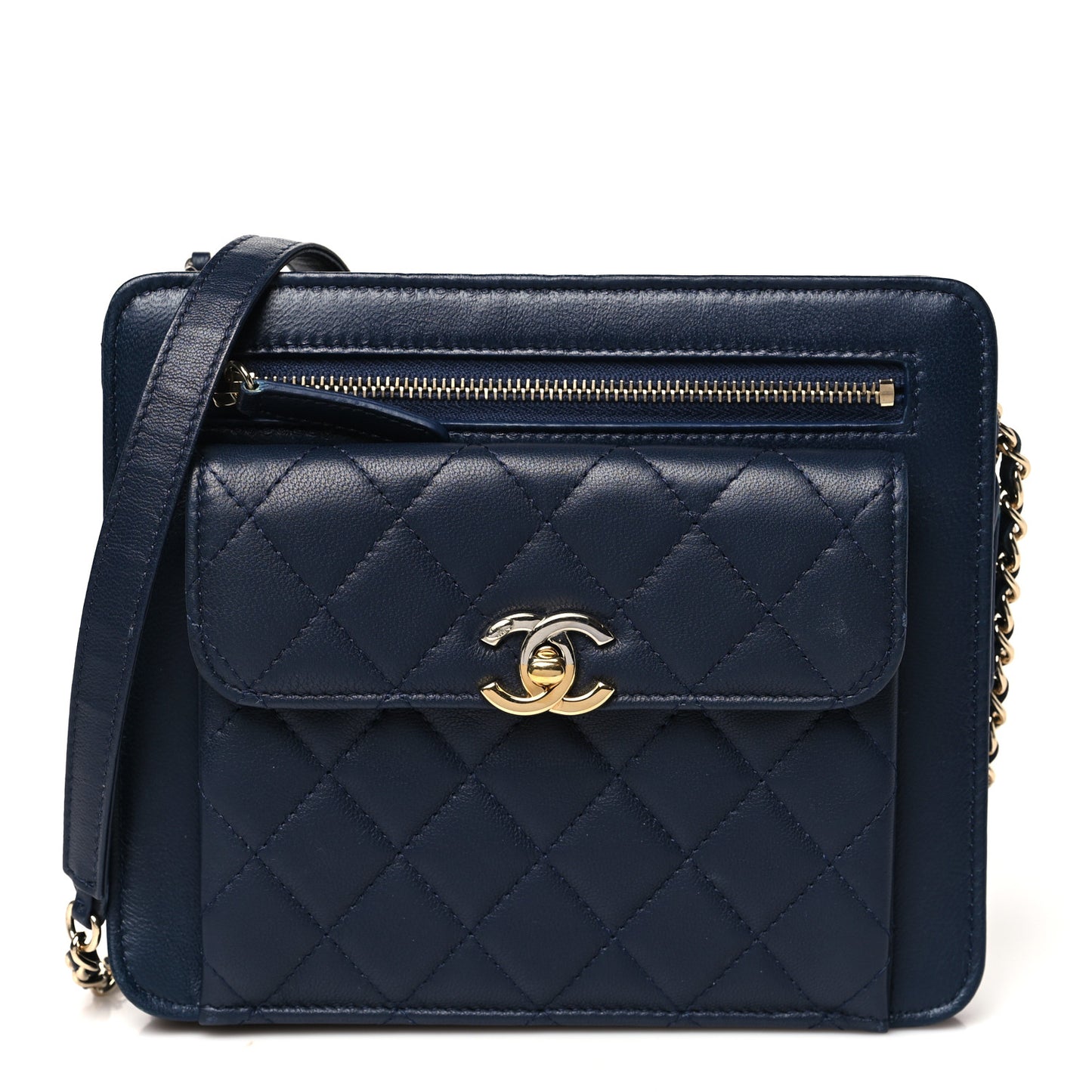 Lambskin Quilted Square Front Pocket Clutch With Chain Navy Blue