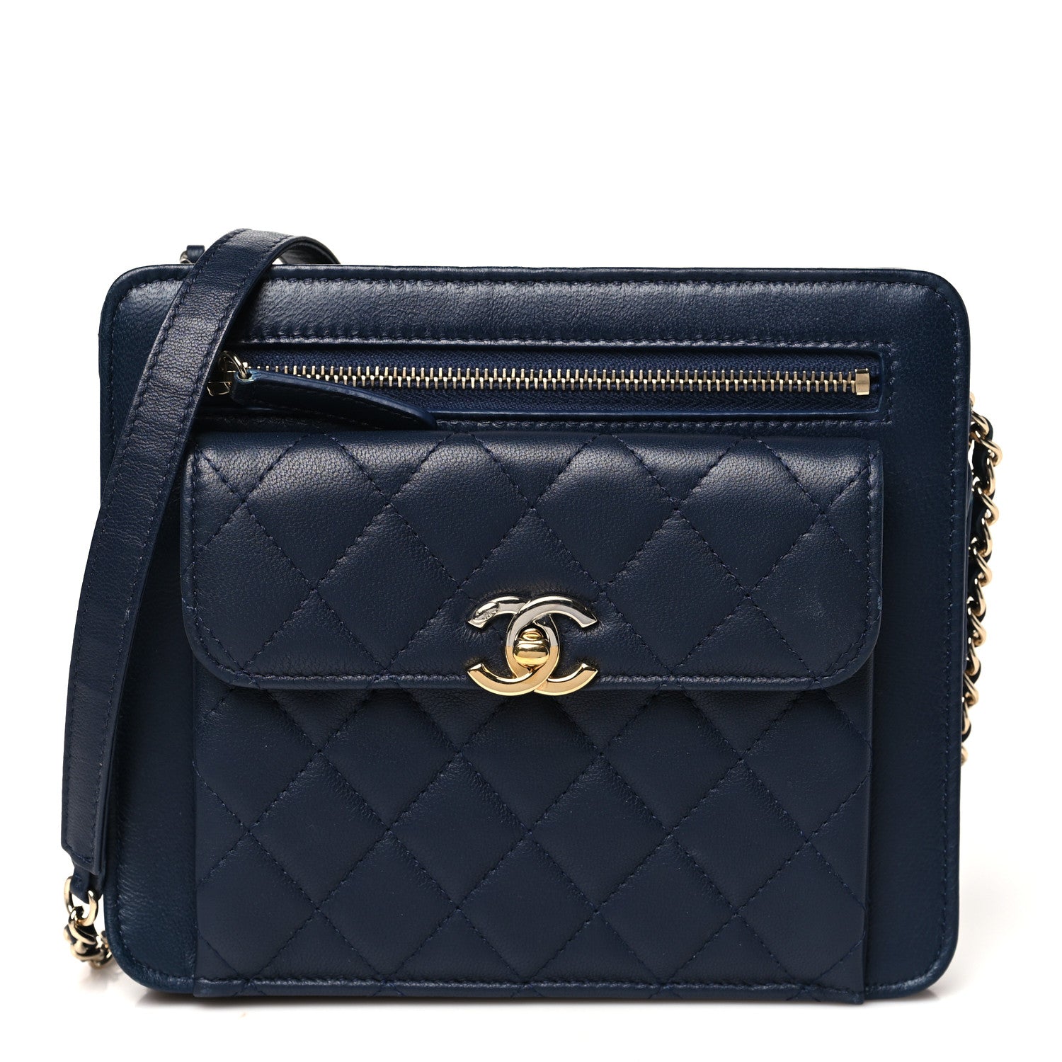 Chanel Lambskin Quilted Square Front Pocket Clutch With Chain Navy Blue 1 of 14