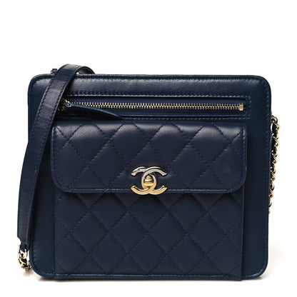 Chanel Lambskin Quilted Square Front Pocket Clutch With Chain Navy Blue 1 of 14