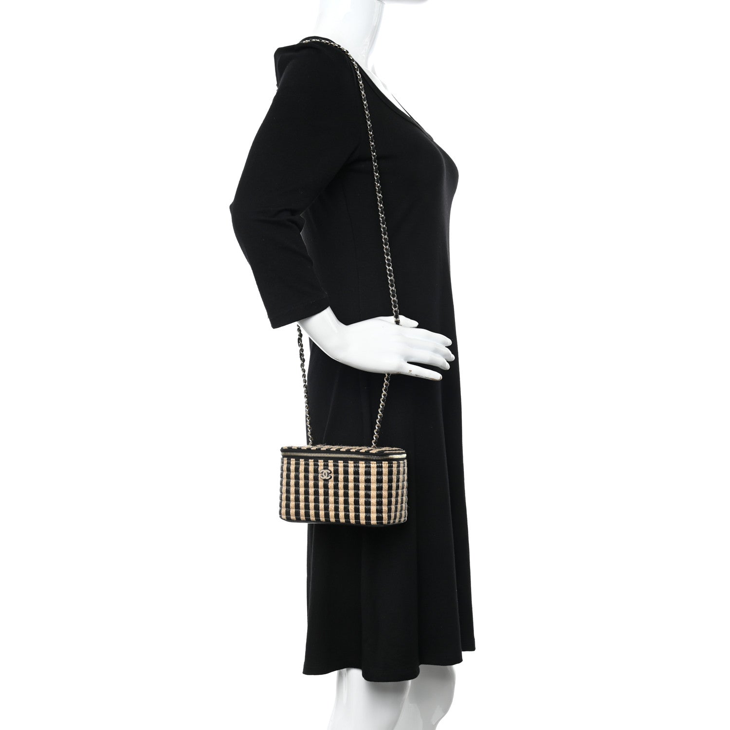 Chanel Raffia Jute Striped Small Vanity Case With Chain Black Beige 2 of 11