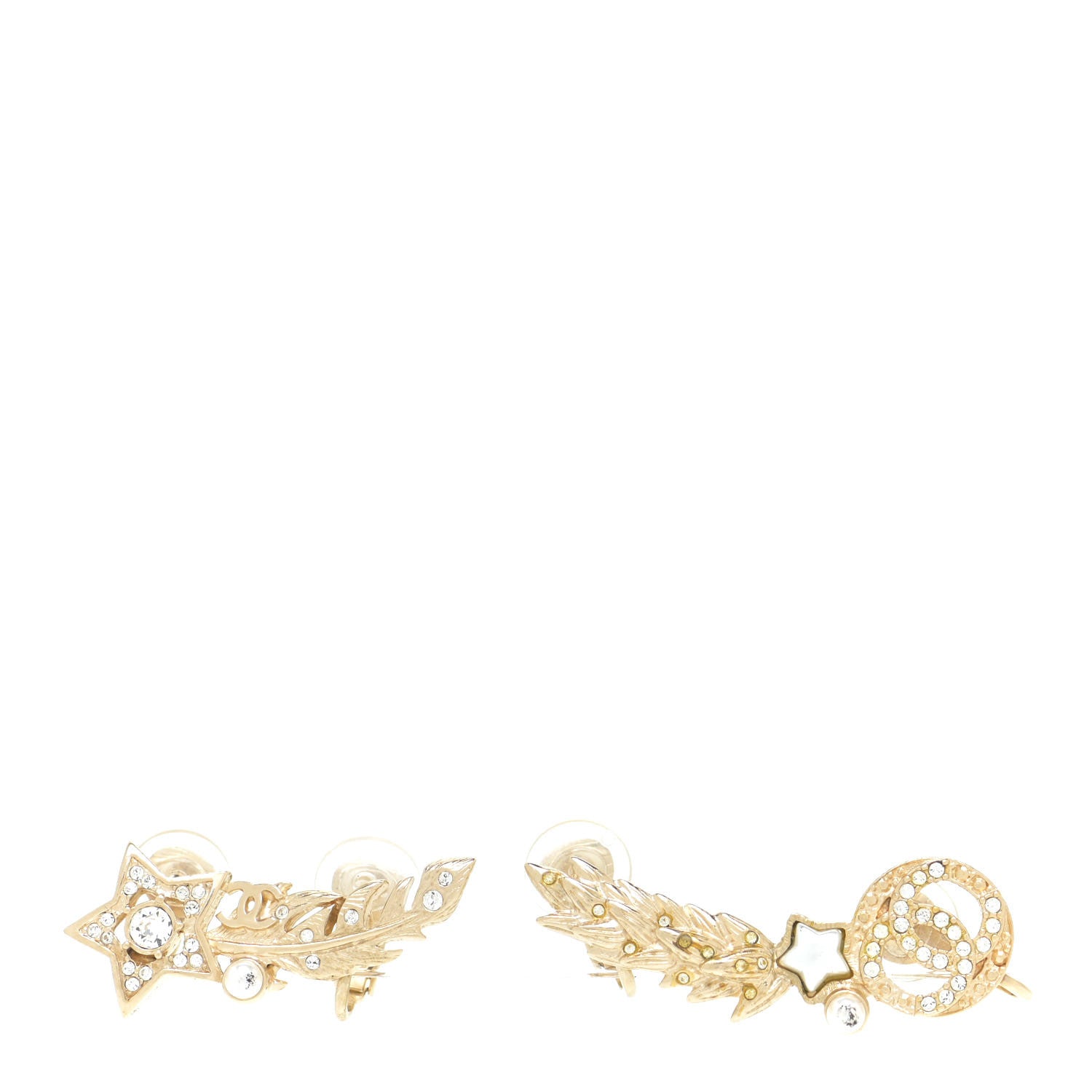 Chanel Resin Crystal Pearl Feather Star CC Clip On Earrings Gold 1 of 5