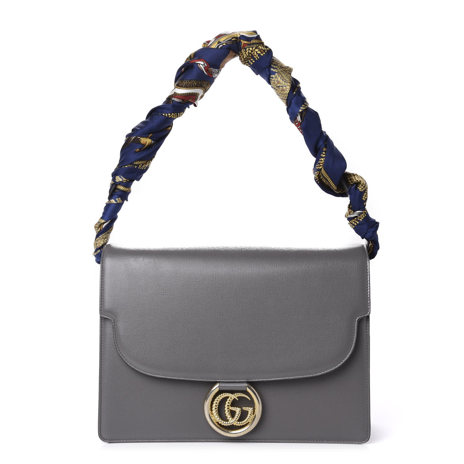 Gucci Textured Calfskin Silk Scarf Medium Torchon GG Ring Shoulder Bag Grey 1 of 12