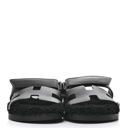 Hermes Calfskin Woolskin Womens Chypre Sandals 37 Black 2 of 9