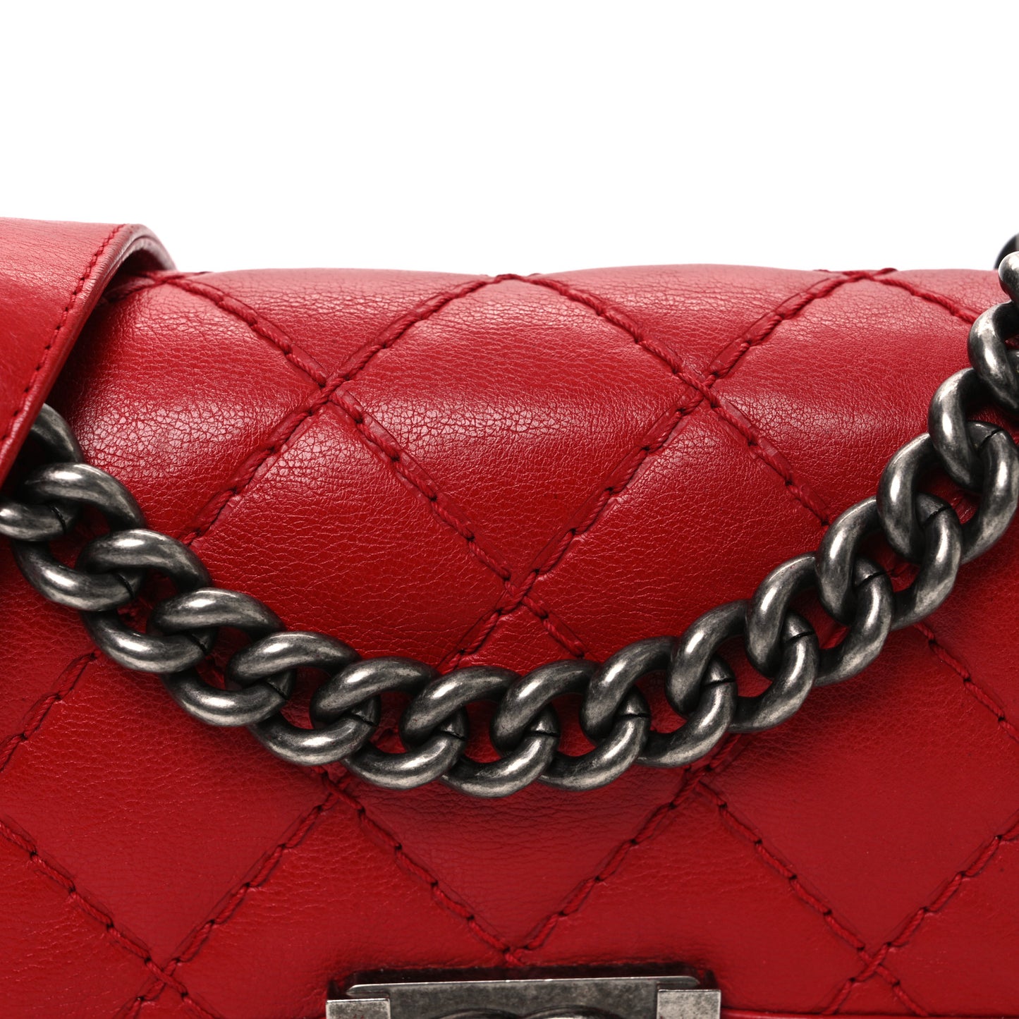Calfskin Double Stitch Small Boy Flap Red