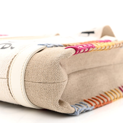 Chloe Linen Canvas Calfskin Blanket Stitched Small Woody Ribbon Tote White Multicolor 10 of 10