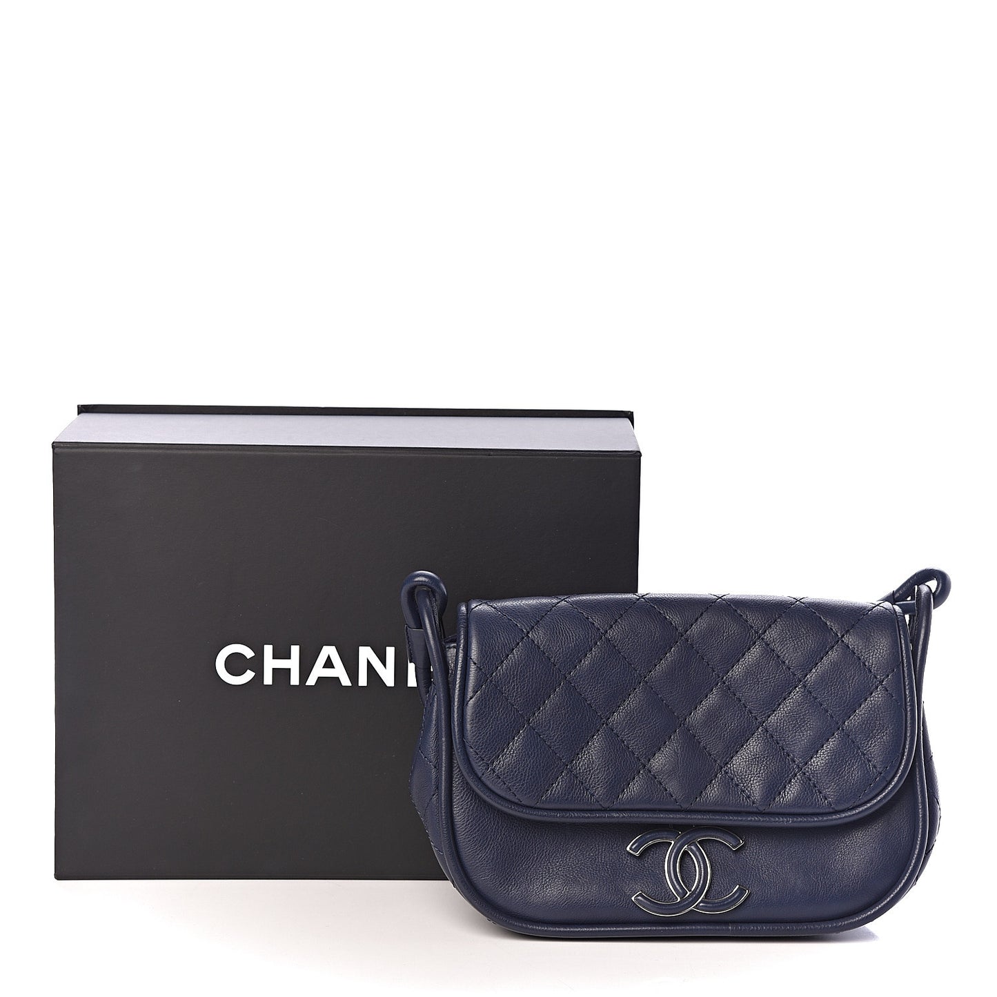 Calfskin Stitched Flap Bag Navy