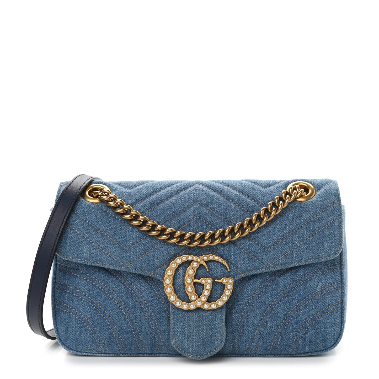 Denim Matelasse Small Pearly GG Marmont Shoulder Bag Blue