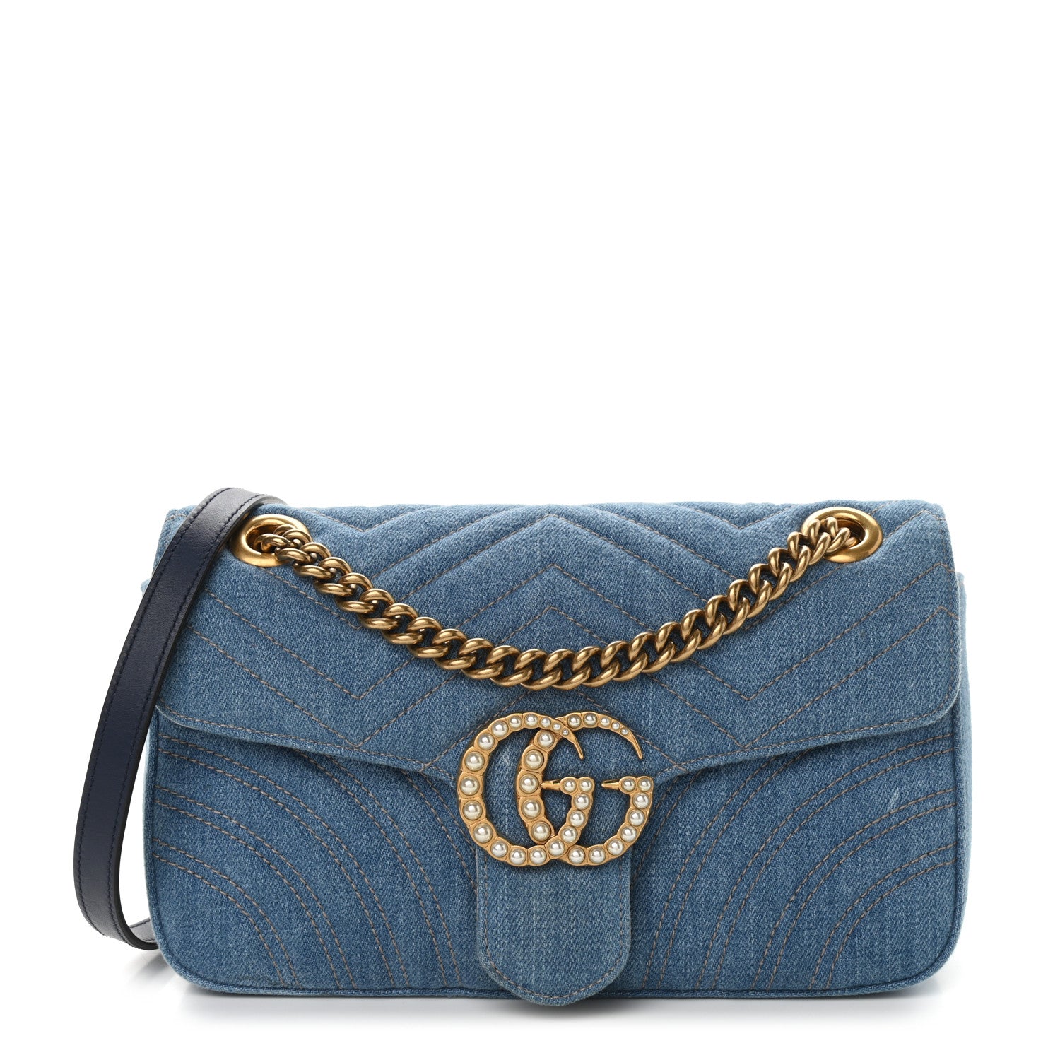 Gucci Denim Matelasse Small Pearly GG Marmont Shoulder Bag Blue 1 of 8