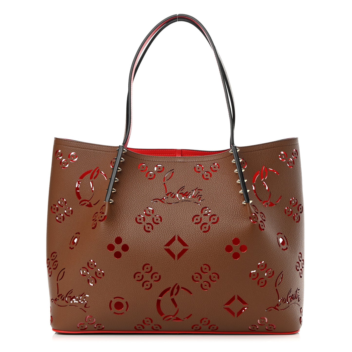 Calfskin Loubinthesky Large Perforated Cabarock Spikes Tote Biscotto