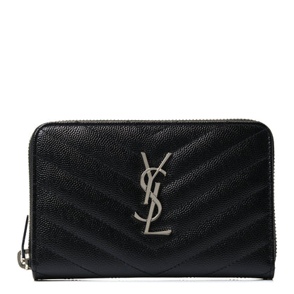 Saint Laurent Grain De Poudre Matelasse Chevron Monogram Zip Around Wallet Black 1 of 4