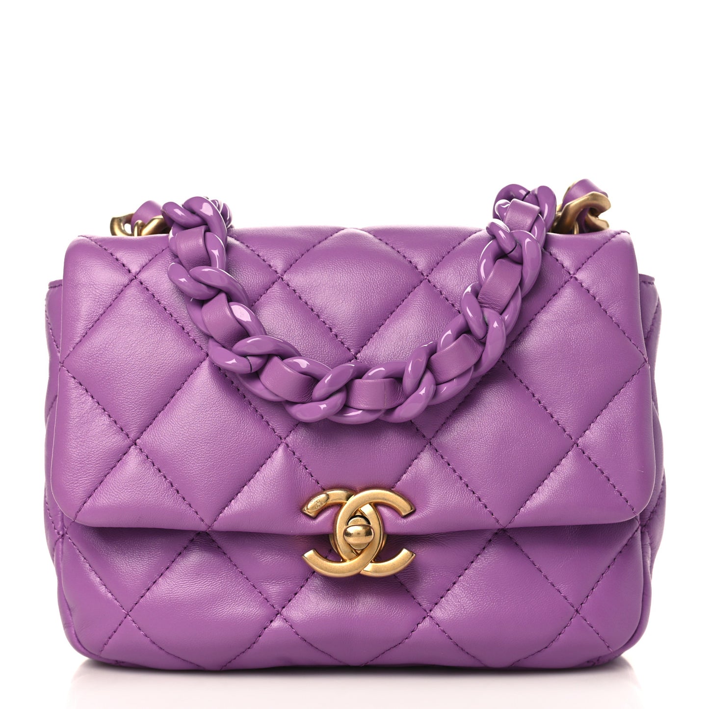 Lambskin Quilted Mini Lacquered Chain Flap Purple