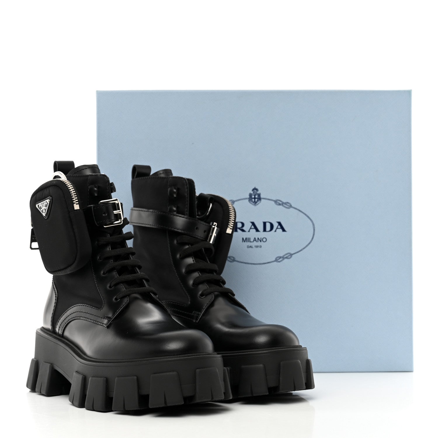 Prada Spazzolato Rois Nylon Metal Triangle Logo Monolith Pouch Pocket 55mm Boots 37.5 Black 9 of 9