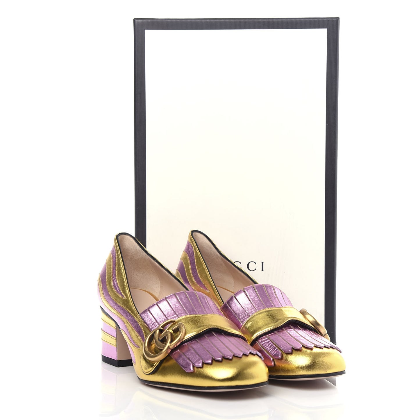 Metallic Nappa Inlay GG Marmont Fringe 50mm Loafer Pumps 36.5 Oro Vecchio Rosa